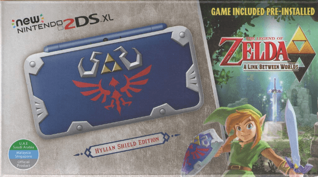 New Nintendo 2DS LL Hylian Shield Edition box art for Nintendo 3DS